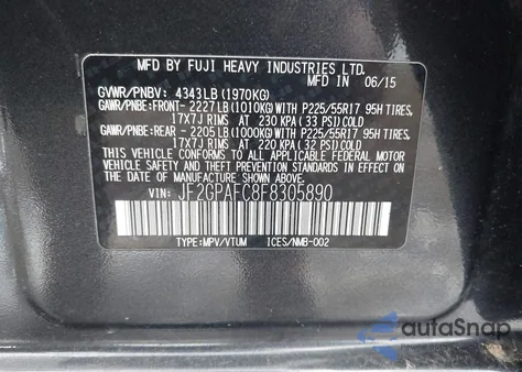 2015 Subaru Xv Crosstrek 2.0I Premium from USA, damaged, VIN JF2GPAFC8F8305890